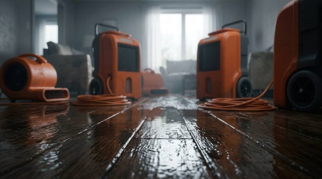 Orange dehumidifiers drying a wet hardwood floor in a room.