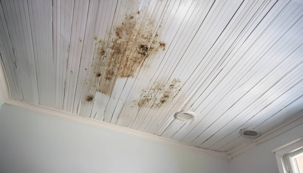 Water-damaged ceiling with mold stains.