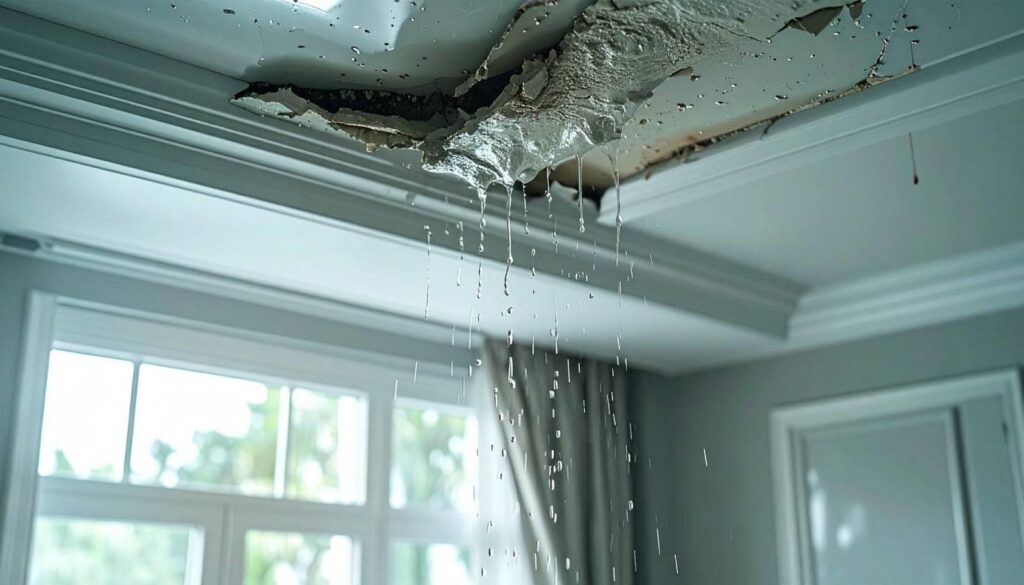 Water leaking through a damaged ceiling with peeling paint inside a room.