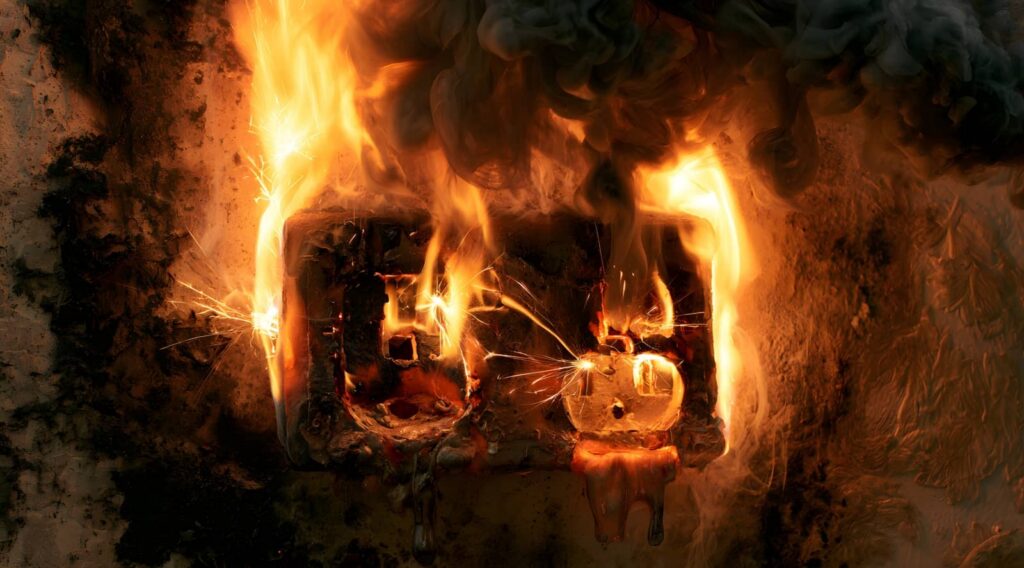 Electrical outlet engulfed in flames and smoke.