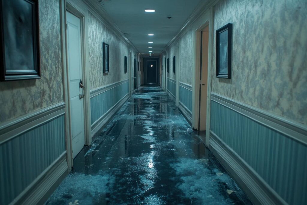 Long narrow hallway with wet, reflective floor and closed doors on both sides under ceiling lights.