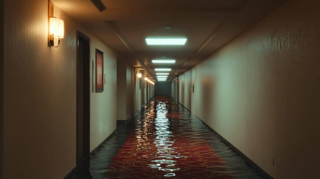 Hotel hallway with water flooding the carpeted floor.