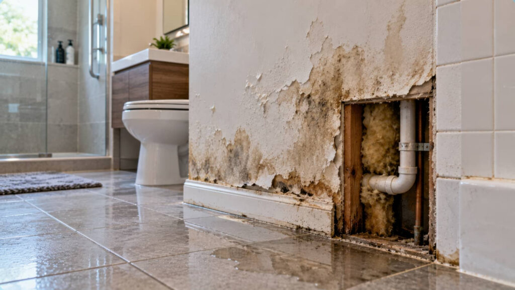 Moldy, water-damaged bathroom wall beside a toilet.