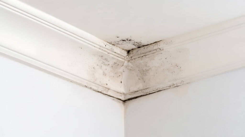 Mold and water damage in a room corner near the ceiling.