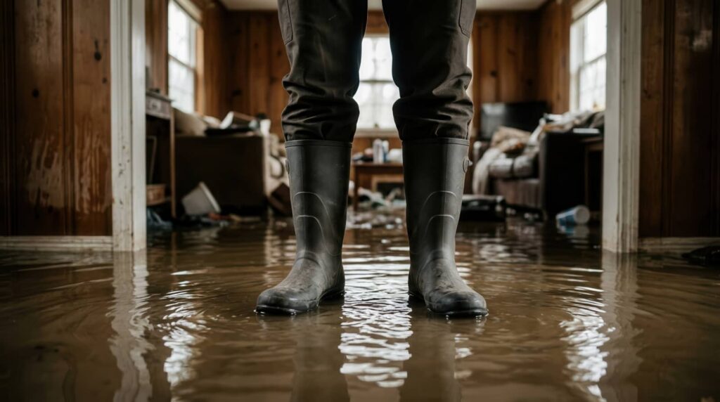 Person standing in floodwater inside a damaged house.