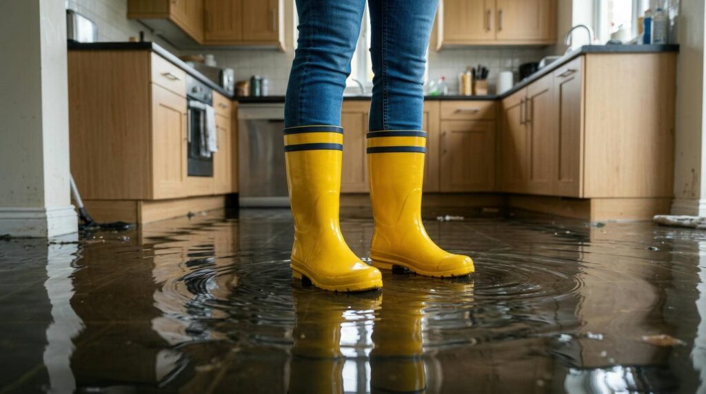 Person wearing yellow rain boots standing in a flooded kitchen with water ripples on the floor.