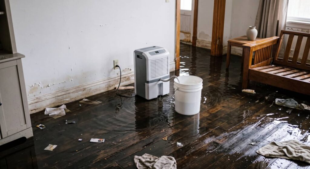 Flooded living room with a dehumidifier and bucket on wet wooden floors.