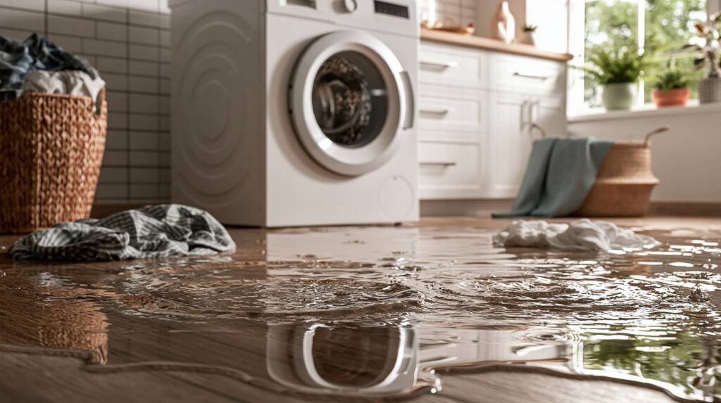 Laundry room flooded with water around a washing machine.