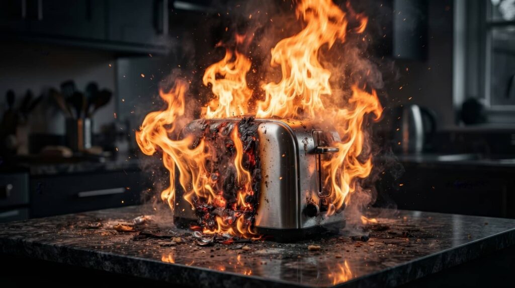 Toaster engulfed in flames on a kitchen counter.