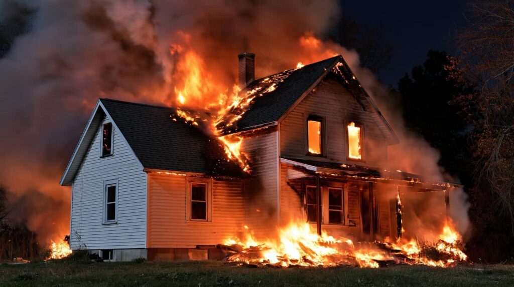 House engulfed in flames at night.