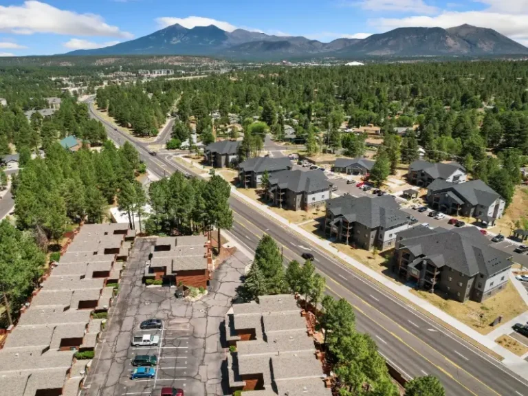 Aerial view of a suburban neighborhood with apartment buildings, trees, and mountains in the background.