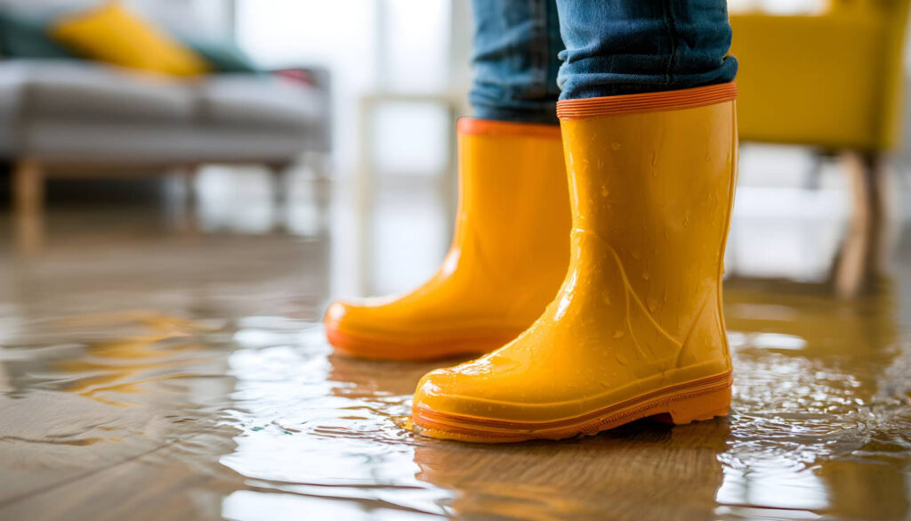 Yellow rain boots standing in shallow indoor floodwater.