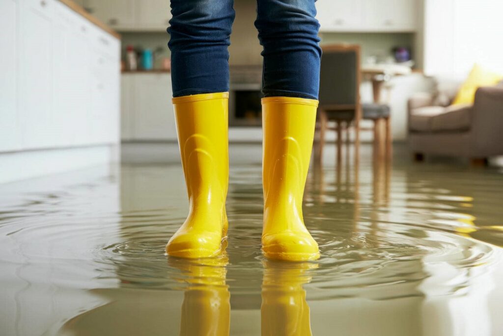 Person wearing yellow rain boots standing in a flooded kitchen with water covering the floor.