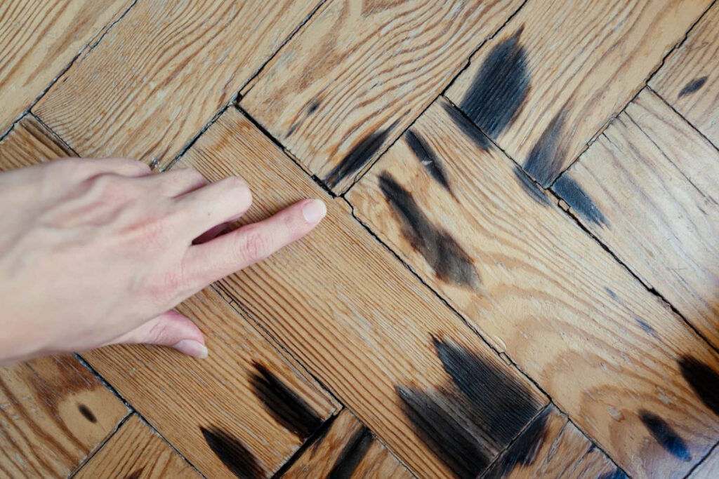 Hand pointing at a damaged wooden floorboard.