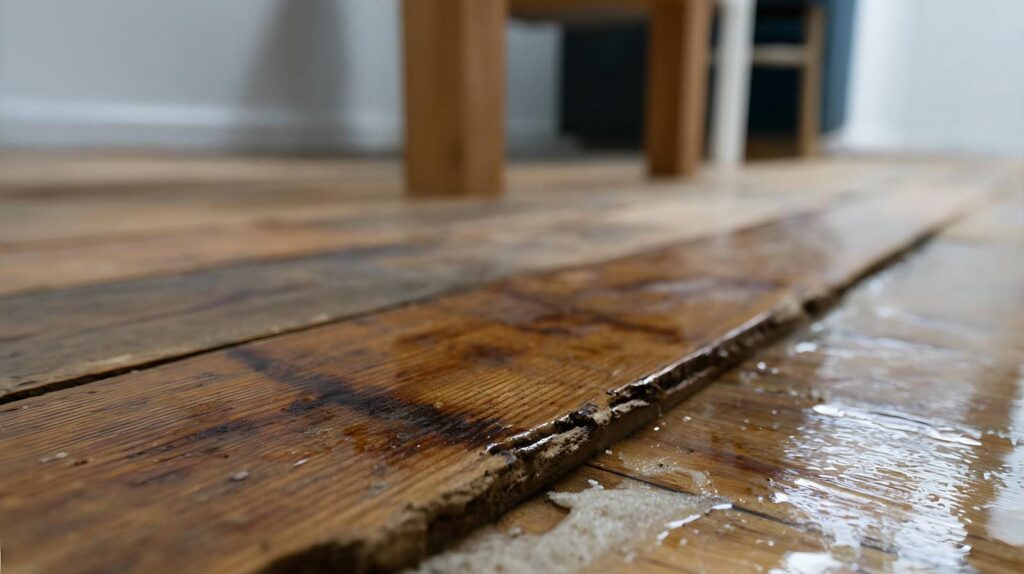 Water-damaged wooden floorboards with warping and bubbling near a table leg.