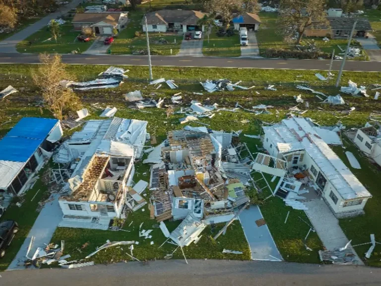 Severely damaged houses with debris scattered on lawns after a disaster.
