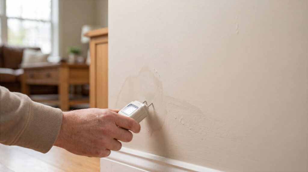 Hand using a moisture meter on a water-damaged wall.