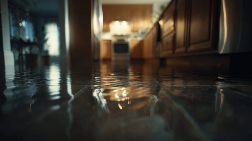 Flooded kitchen with water covering the floor.