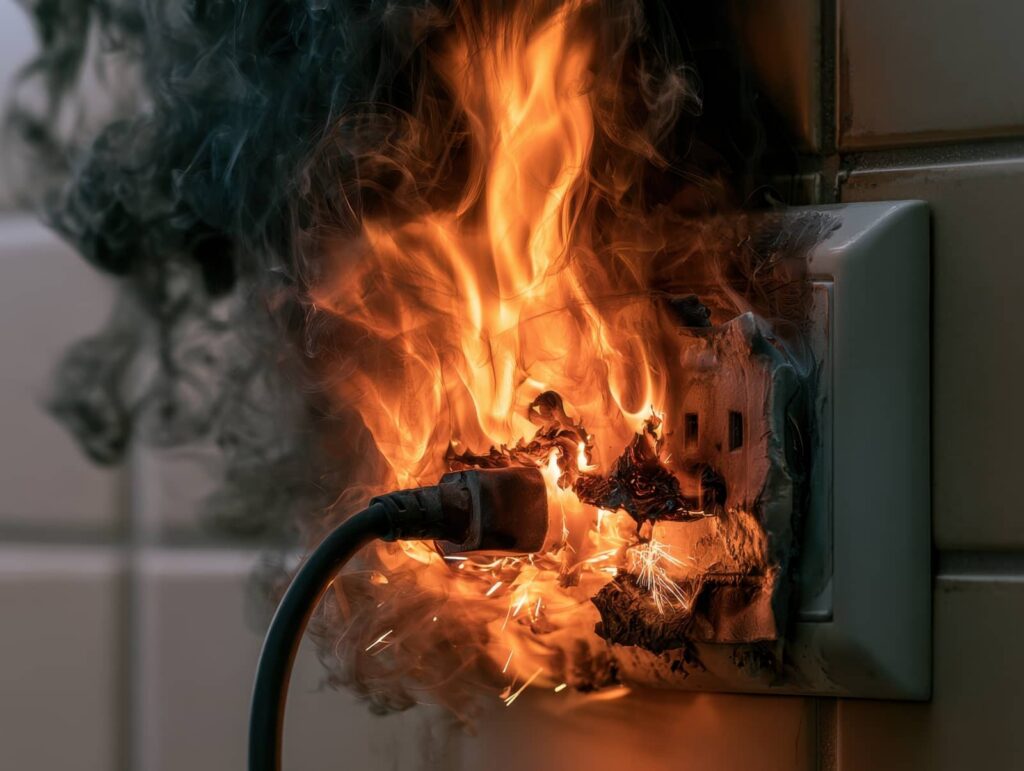 Electrical outlet engulfed in flames with a plugged-in cord.