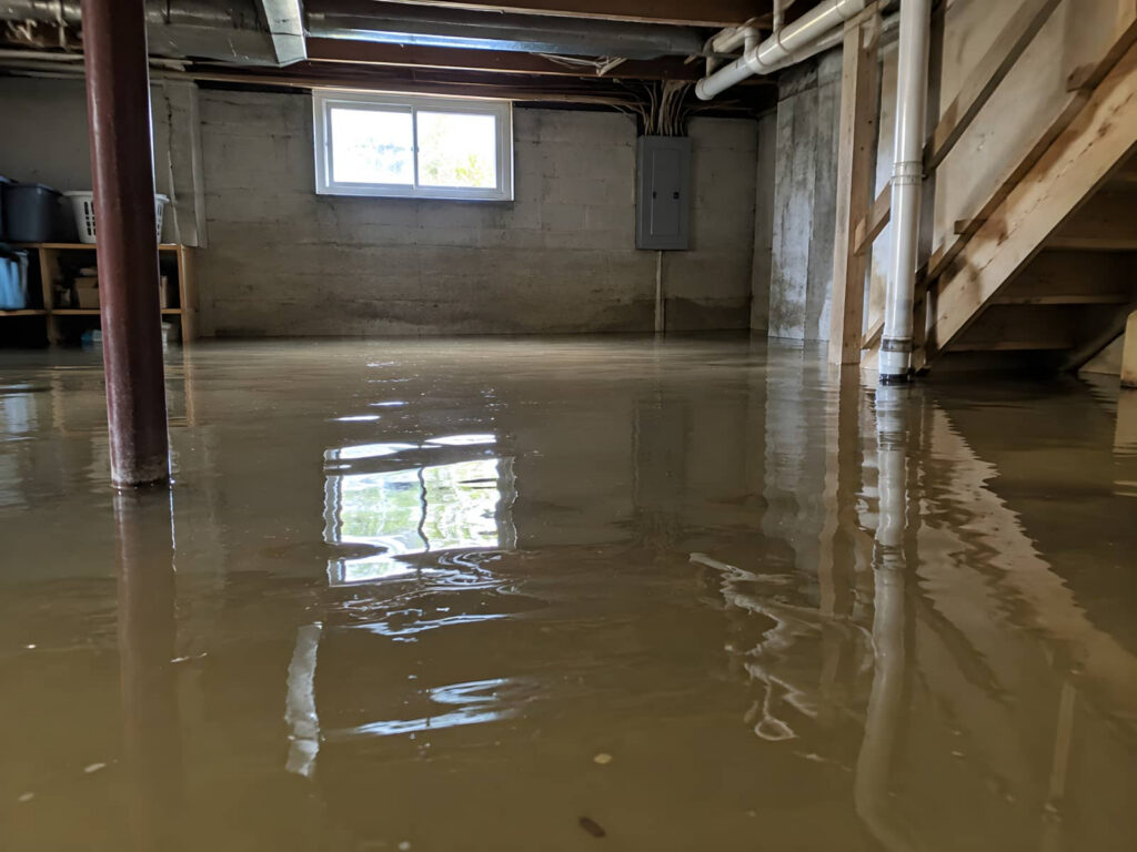 Flooded basement with standing water and exposed pipes.