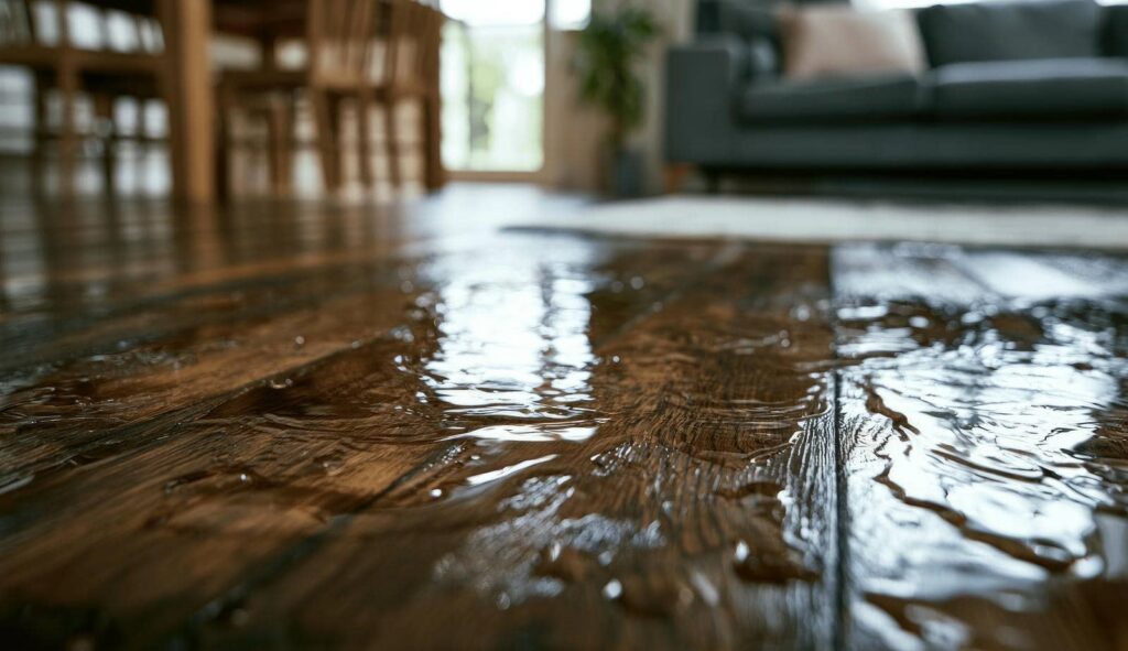 Water pooled on a wooden floor inside a living room with furniture in the background.