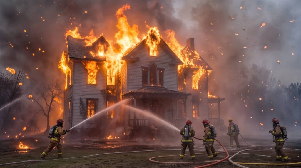 Firefighters battle a house engulfed in flames.
