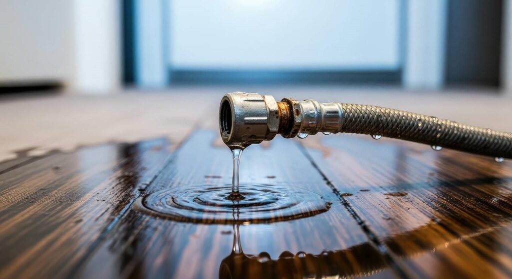 Close-up of a leaking metal hose with water dripping onto a wooden floor.