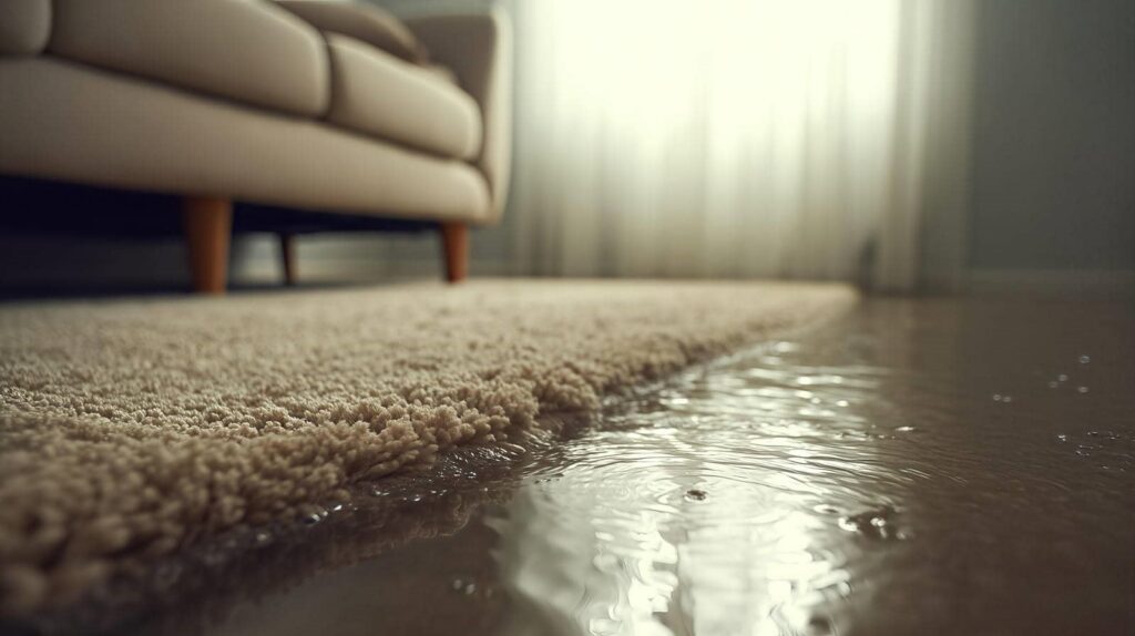 Water flooding a living room floor near a beige carpet and sofa.