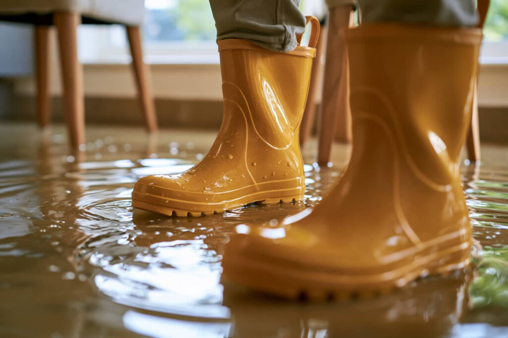 Yellow rain boots standing in floodwater indoors.