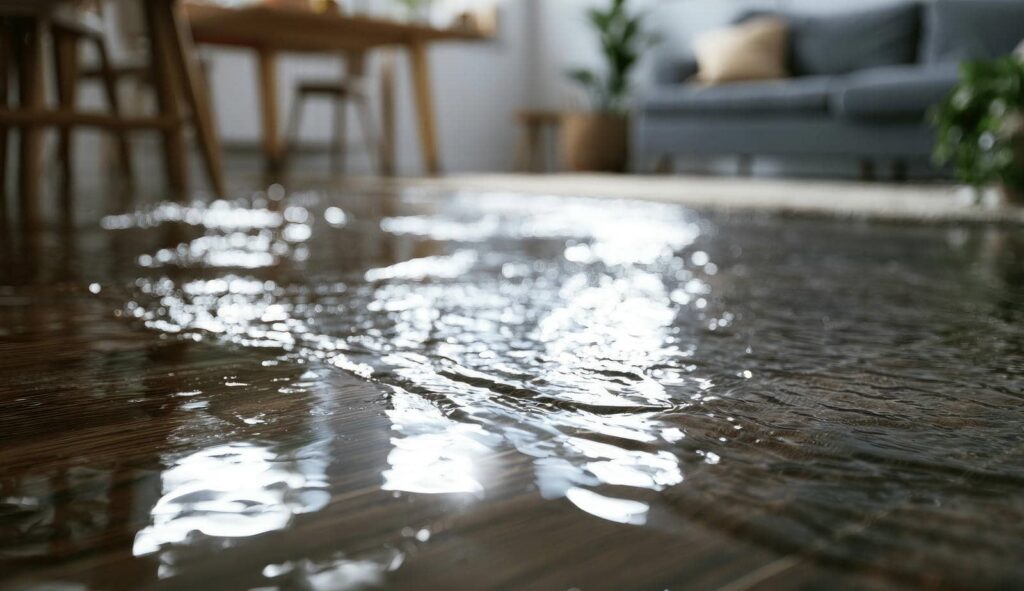 Water flooding a wooden floor in a living room with furniture in the background.