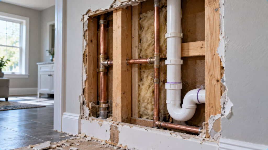Exposed plumbing pipes inside a wall during home renovation.