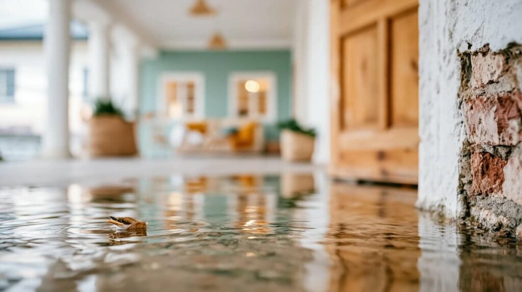 A small frog partially submerged in shallow water near a brick wall inside a bright room.