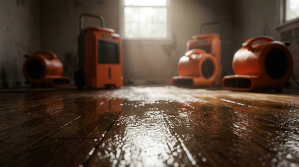Wet wooden floor in a room with orange dehumidifiers.