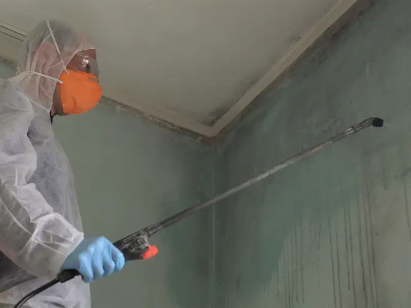 Person in protective gear spraying disinfectant on a wall inside a room.