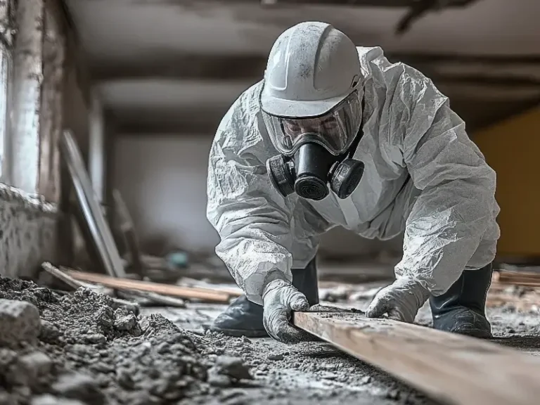 Person in protective gear and gas mask handling a wooden plank in a debris-filled room.