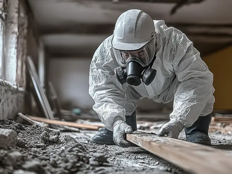 Person in protective gear and gas mask handling a wooden plank in a debris-filled room.
