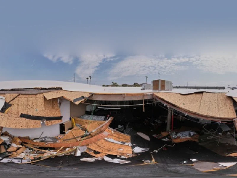 Collapsed roof with scattered wooden debris and exposed interior under a clear sky.