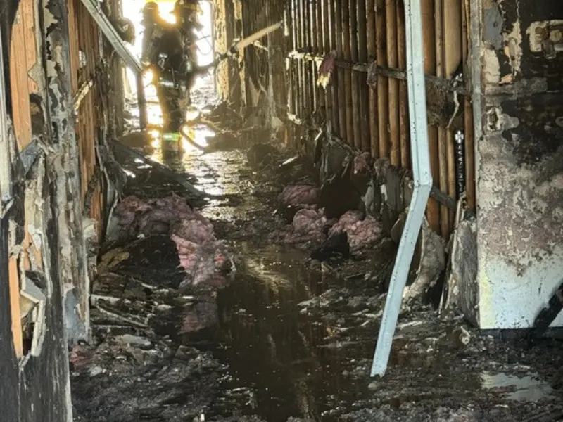 Firefighter walking through a charred, waterlogged hallway with burnt walls and exposed insulation.