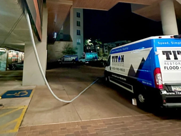 A Titan restoration van parked outside a building at night with a hose extending from the van.