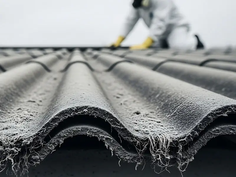 Close-up of a corrugated roof with a person wearing yellow gloves working in the background.