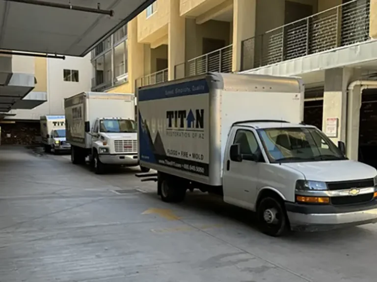 Three white delivery trucks parked in a row inside a building's loading area.